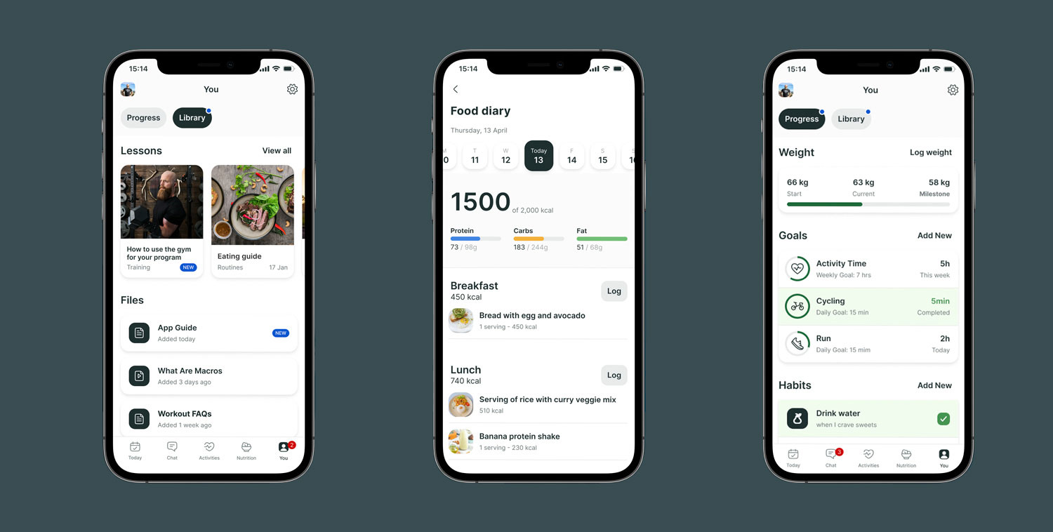 A mockup of the coaching app showcasing the different features.