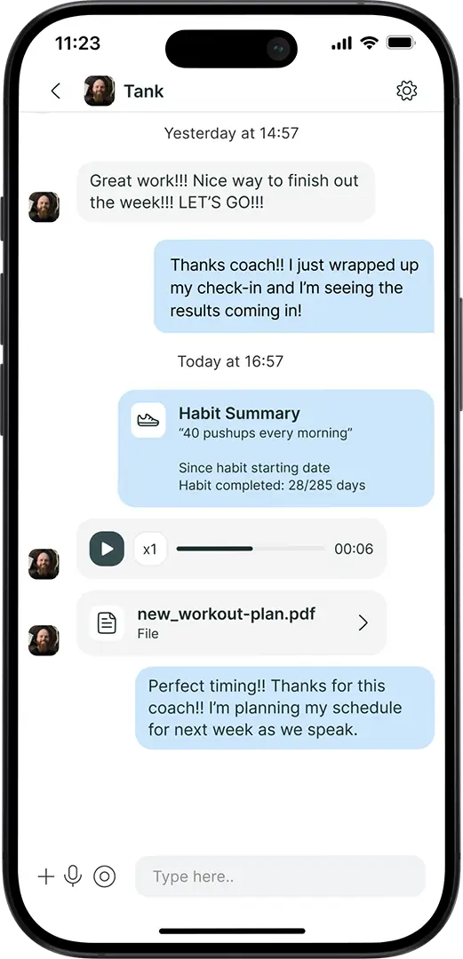 Fitness app showing support feature