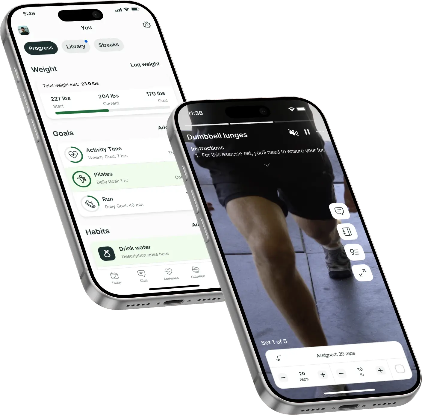 Two mobile phones showing fitness app workout features